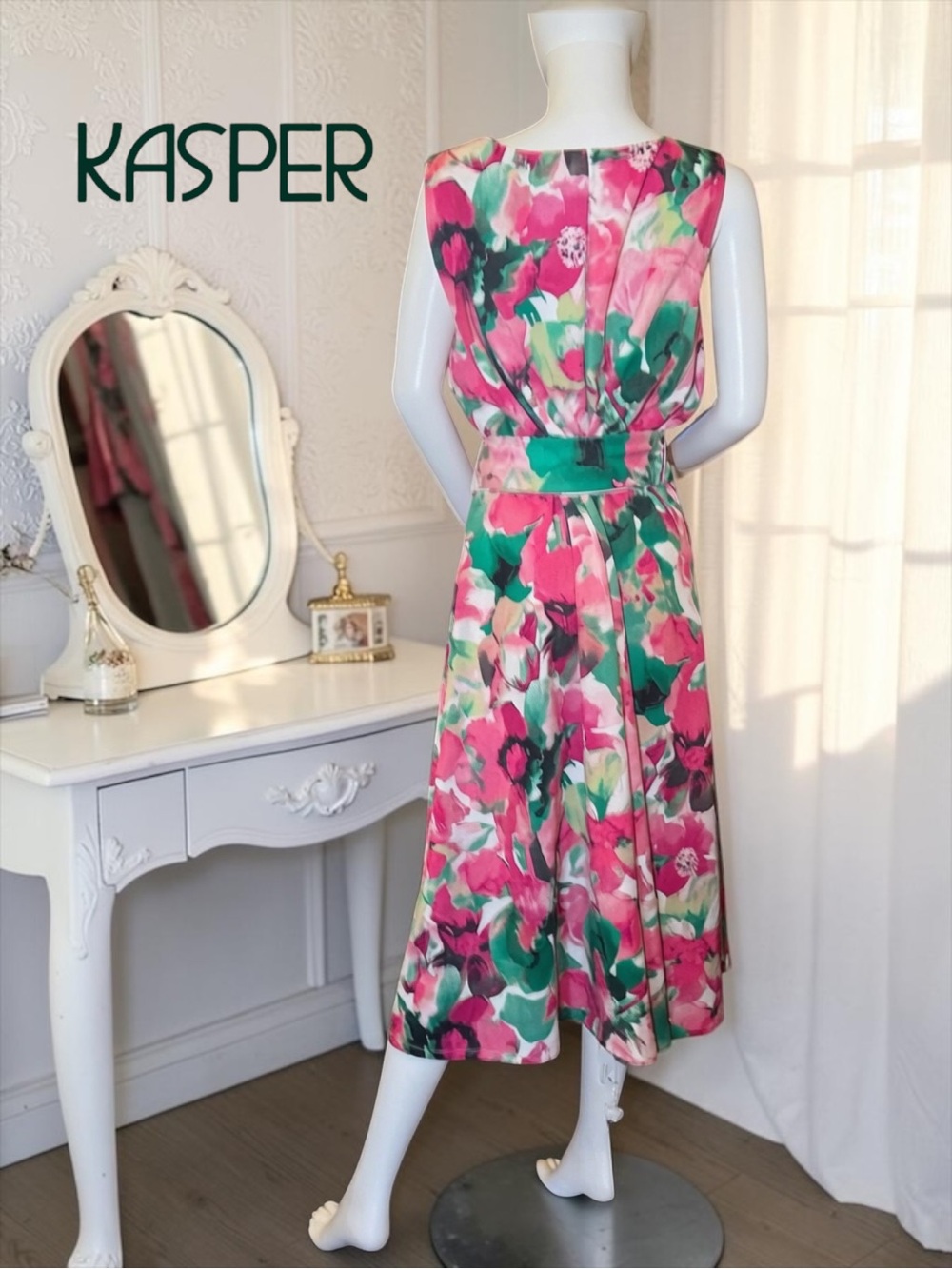 NWT Kasper Printed Scuba Crepe Tie-Waist Fit & Flare Dress - Size 16W - Picture 8 of 10